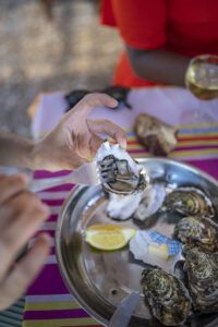 tasting wine fresh oyster
